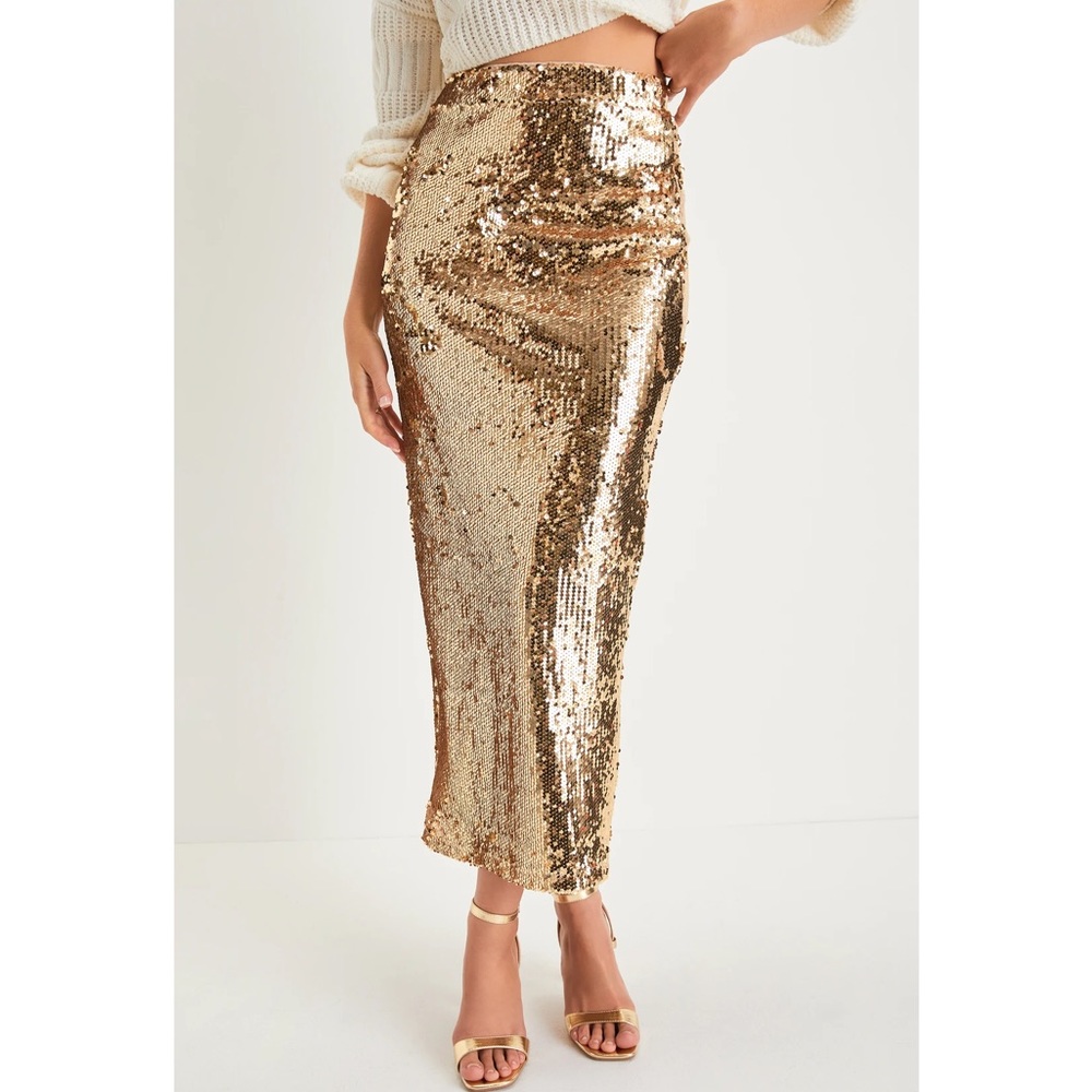 BNWT Lulus “Dazzling Appearance” Gold Sequin High-Rise Midi Skirt